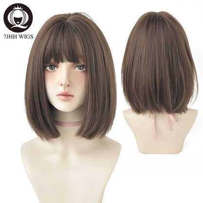 7JHH WIGS Black Short Bob Wig for Girl Daily Wear Synthetic Wig New Style Natural Supple Summer  Heatresistant Wig With Bangs