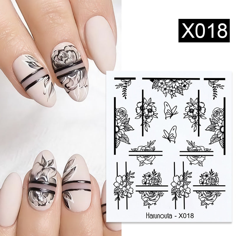 Harunouta Black Lines Flower Leaves Water Decals Stickers Floral Face Marble Pattern Slider For Nails Summer Nail Art Decoration