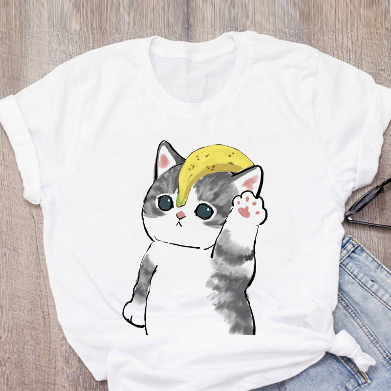 Women T-shirt Cute Cat Funny Cartoon T-shirt Harajuku Graphic Ulzzang T-shirt 90s Print T-shirt Fashion Aesthetic Top Tee Female