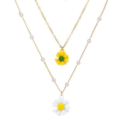 Gold Color Layered Flower Pendant Necklace Women Bohemian Small Daisy Pearl Chain Collar Necklace Female Jewelry Gifts
