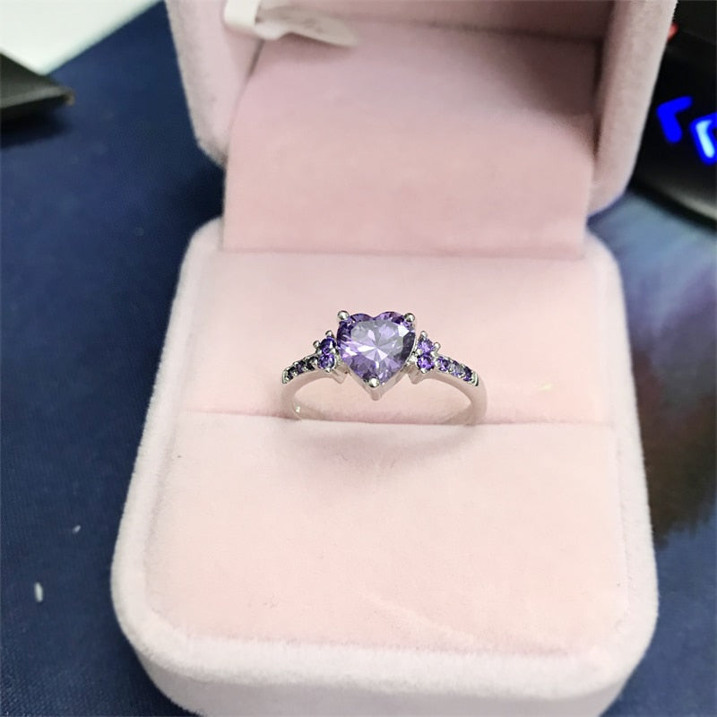 With Credentials Real Tibetan Silver Amethyst Ring Lovely Heart Shape Purple Zircon Crystal Ring for Women Jewelry Romantic Gift