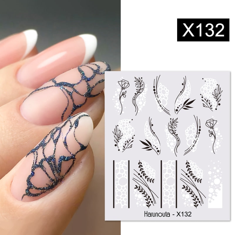 Harunouta Black Lines Flower Leaves Water Decals Stickers Floral Face Marble Pattern Slider For Nails Summer Nail Art Decoration