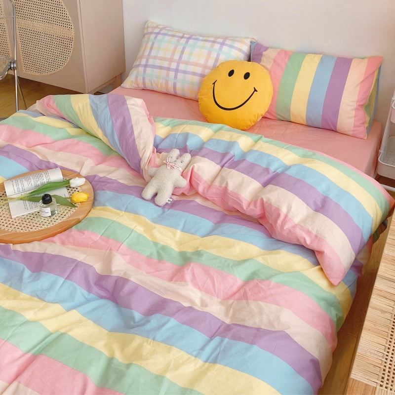 Kawaii Fashion Rainbow Bedding Set 100% Cotton Flat Bed Sheet And Pillowcases Luxury Korean Style Princess Full Queen Bed Sets