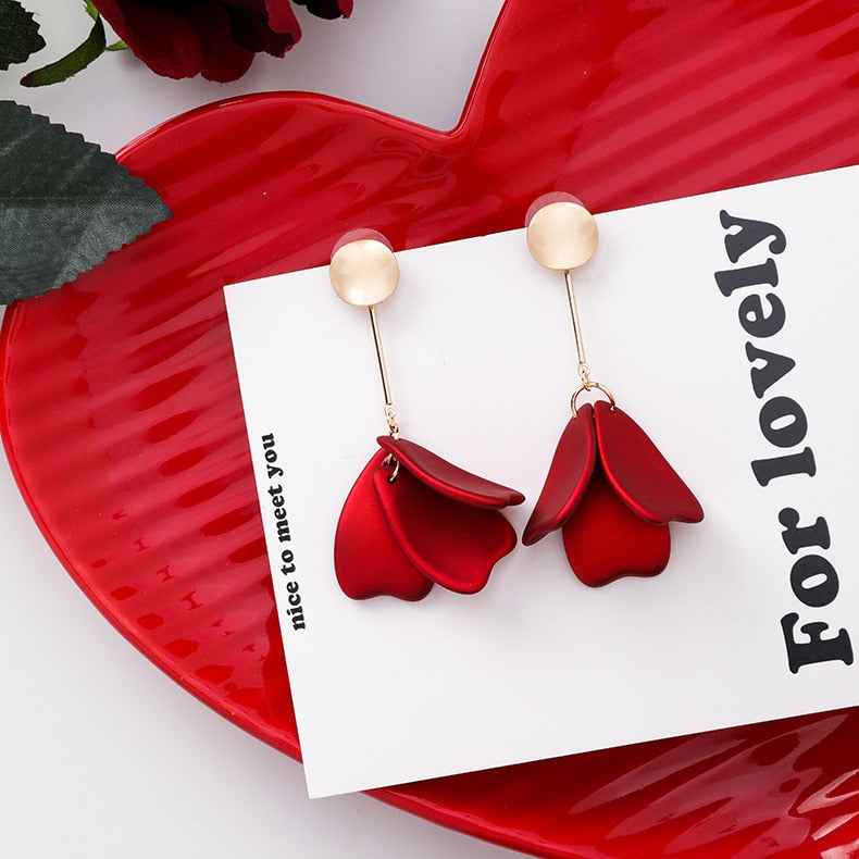 New Arrival Vintage Women Dangle Earrings Rose Petal Long Tassel Earrings Female Korean Jewelry Red Earrings