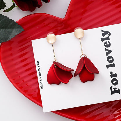 New Arrival Vintage Women Dangle Earrings Rose Petal Long Tassel Earrings Female Korean Jewelry Red Earrings