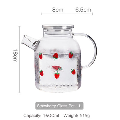 Kawaii Strawberry Glass Cold Water Pot Large Capacity Juice Fruit Teapot Heat Resistant Glass Kettle For Boiling Water Cute Cups