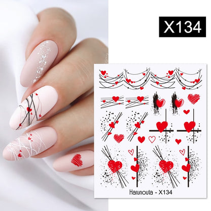 Harunouta Black Lines Flower Leaves Water Decals Stickers Floral Face Marble Pattern Slider For Nails Summer Nail Art Decoration