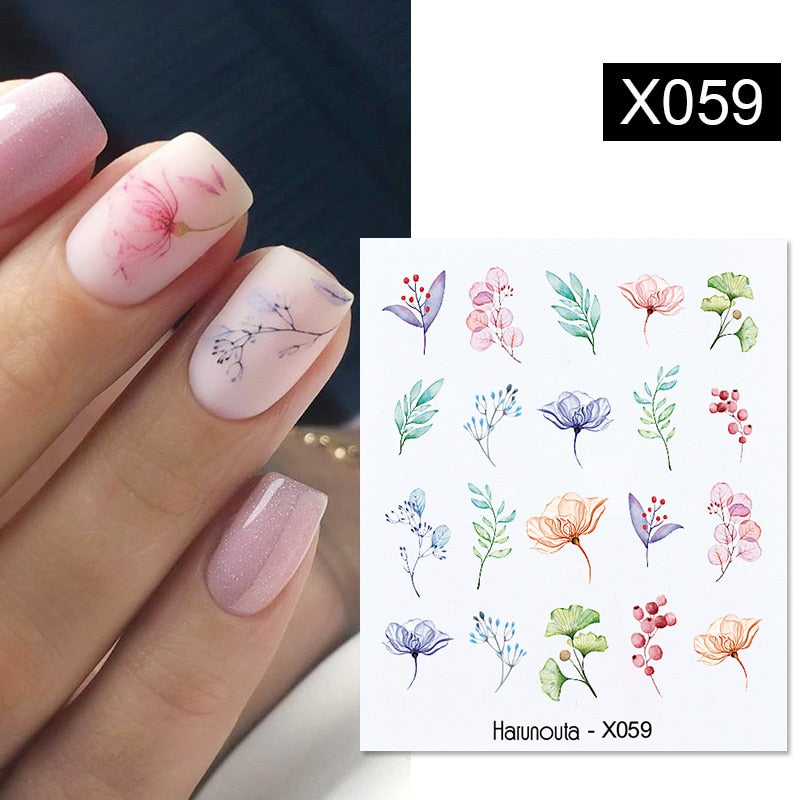 Harunouta Black Lines Flower Leaves Water Decals Stickers Floral Face Marble Pattern Slider For Nails Summer Nail Art Decoration