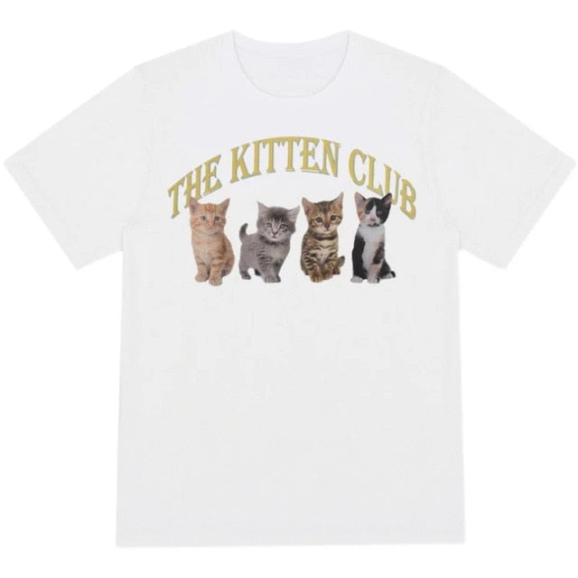 sunfiz Kawaii The Kitten Club Women T Shirt Streetwear White Cotton Short Sleeve Femme Oversized Graphic Tee Cute Grunge Tops