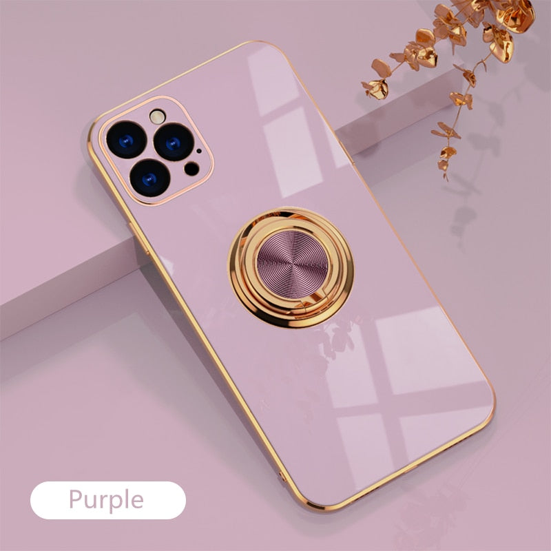 Luxury Plating Silicone Case For iPhone 14 13 12 11 Pro Xs Max Mini SE X XR 7 8 Plus Metal Ring Holder Stand Soft Phone Cover