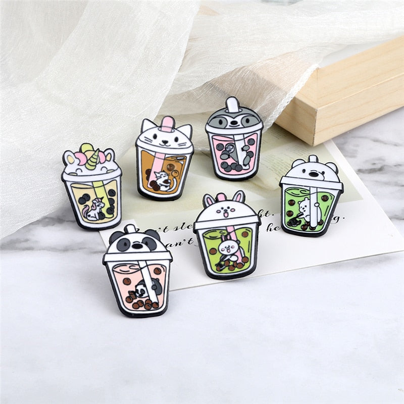 Cute Bubble Tea Enamel Pins Cartoon Milk Tea Brooch With Animals Panda Cats Unicorn Badge for Kids Jacket Backpack Jewelry Gifts