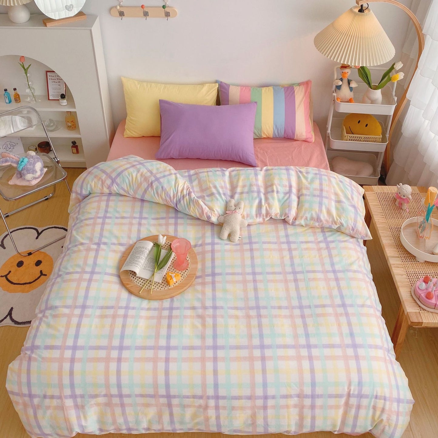 Kawaii Fashion Rainbow Bedding Set 100% Cotton Flat Bed Sheet And Pillowcases Luxury Korean Style Princess Full Queen Bed Sets