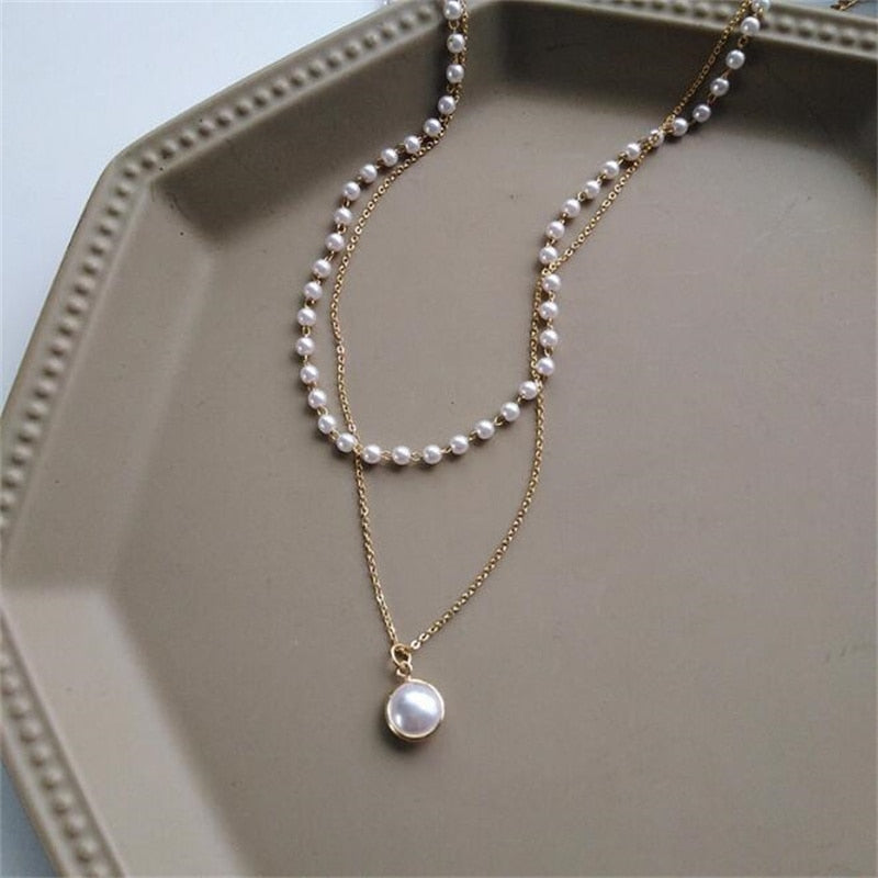 New Fashion Kpop Pearl Choker Necklace Cute Double Layer Chain Pendant For Women Jewelry Girl Gift