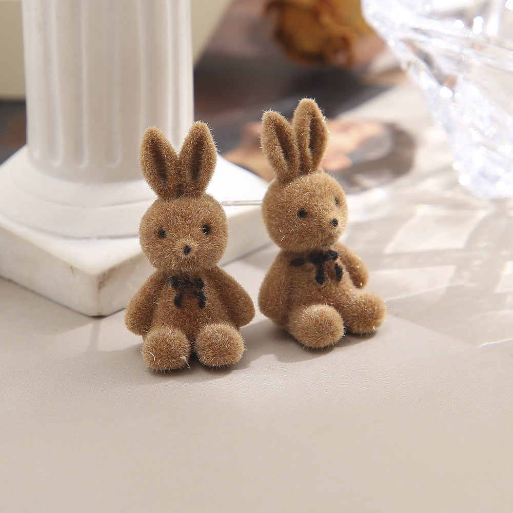 Bear Earrings for Women Girls Fashion Korea Silver Needle Autumn and Winter Earrings Cute Flocking Rabbit Ear Studs Jewelry