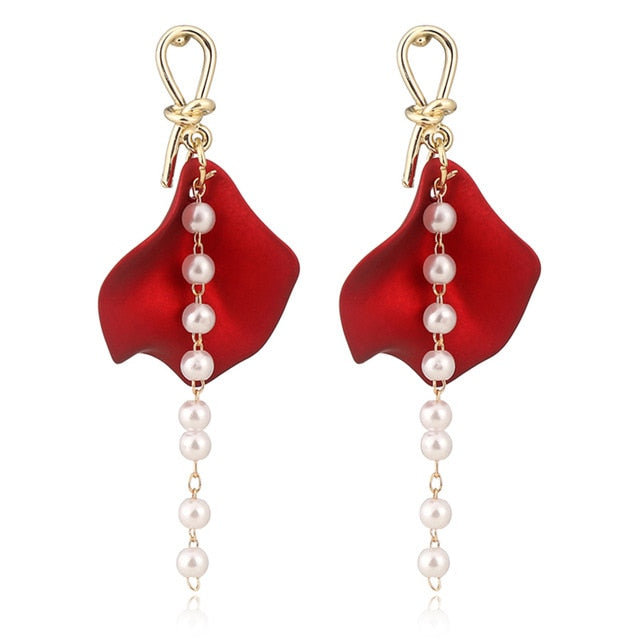 New Arrival Vintage Women Dangle Earrings Rose Petal Long Tassel Earrings Female Korean Jewelry Red Earrings