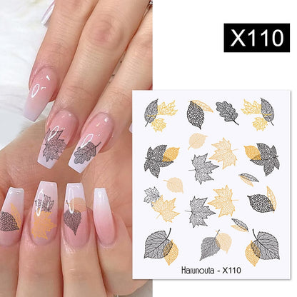 Harunouta Black Lines Flower Leaves Water Decals Stickers Floral Face Marble Pattern Slider For Nails Summer Nail Art Decoration