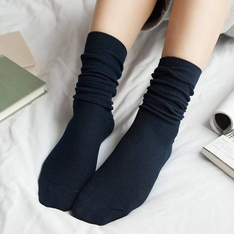 CHAOZHU  Japanese Korean High School Girls High Socks Loose Solid Colors Double Needles Knitting Cotton Long Socks For Women
