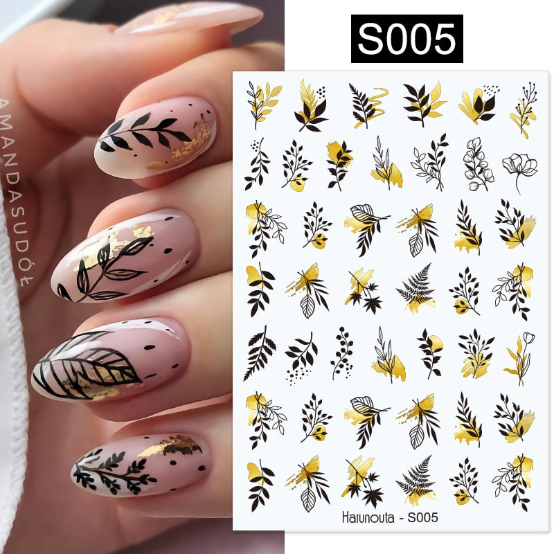 Harunouta Simple Flowers 3D Nail Stickers Gold Heart French Tip Lines Leopard Print Design Adhesive Sliders Manicure Nail Decals