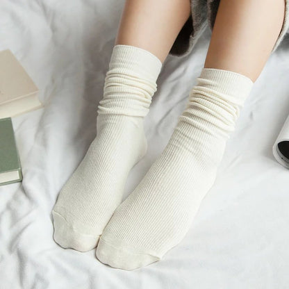 CHAOZHU  Japanese Korean High School Girls High Socks Loose Solid Colors Double Needles Knitting Cotton Long Socks For Women