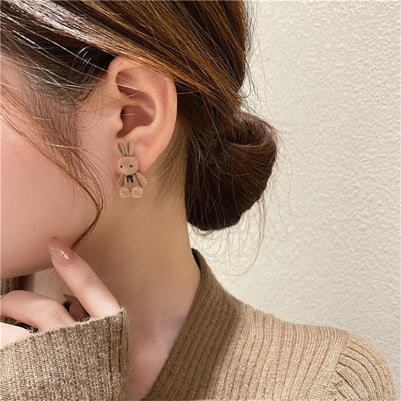 Bear Earrings for Women Girls Fashion Korea Silver Needle Autumn and Winter Earrings Cute Flocking Rabbit Ear Studs Jewelry
