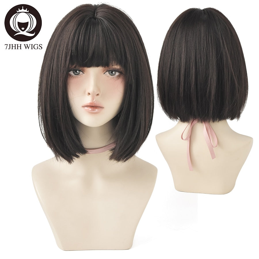 7JHH WIGS Black Short Bob Wig for Girl Daily Wear Synthetic Wig New Style Natural Supple Summer  Heatresistant Wig With Bangs