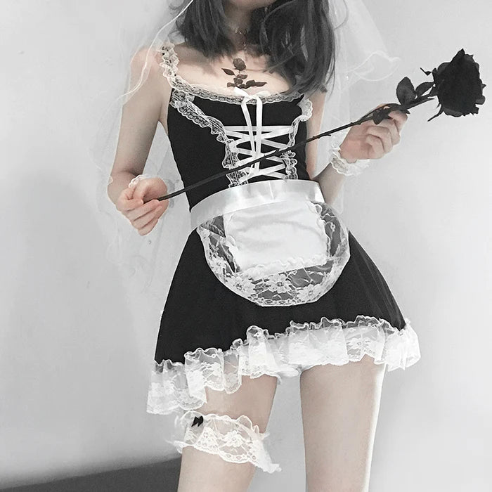 French Maid Dress Traditional Lace Delightful Bows Alluring Ruffles