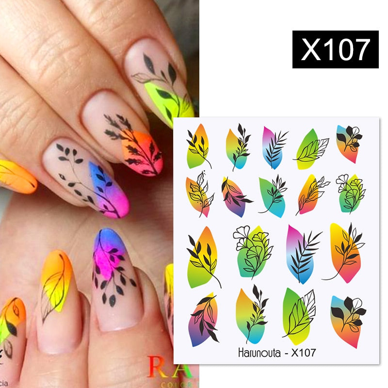 Harunouta Black Lines Flower Leaves Water Decals Stickers Floral Face Marble Pattern Slider For Nails Summer Nail Art Decoration