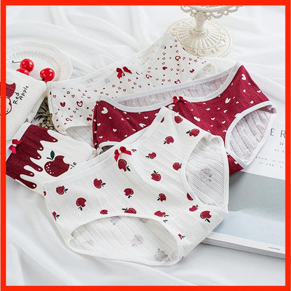 5Pcs/Set Red Cotton Underwear For Women Female Apple Print Panties Breathable Girl Cute Briefs Japanese Shorts Lingerie