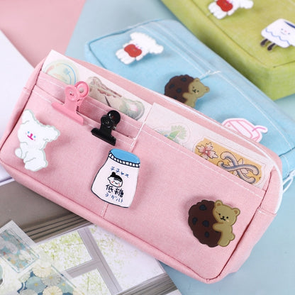 Kawaii Purple Canvas Pencil Case Cute Animal Badge Pink Pencilcases Large School Pencil Bags for Maiden Girl Stationery Supplies