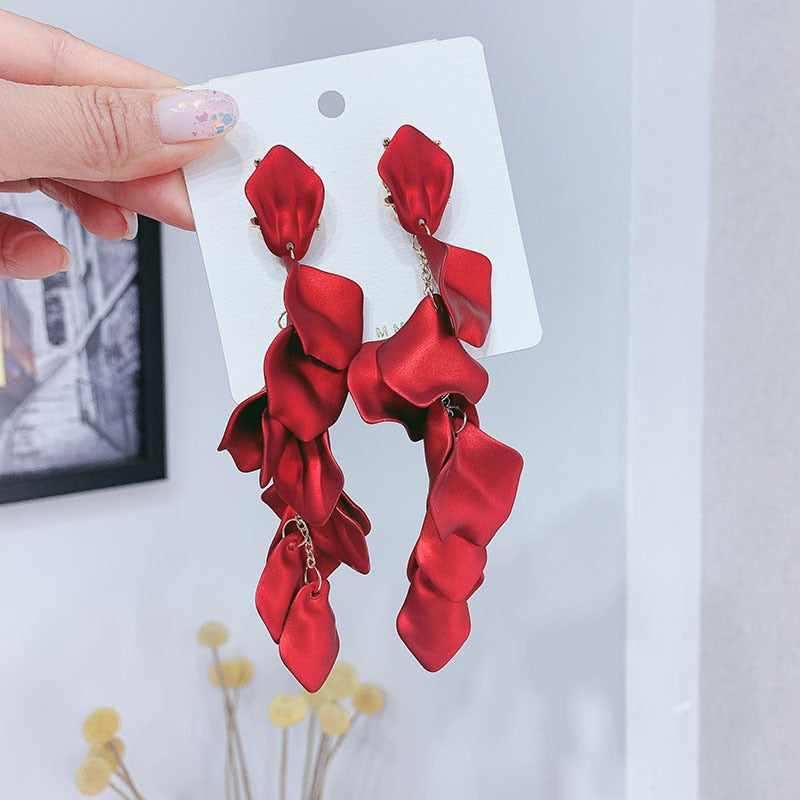 New Arrival Vintage Women Dangle Earrings Rose Petal Long Tassel Earrings Female Korean Jewelry Red Earrings