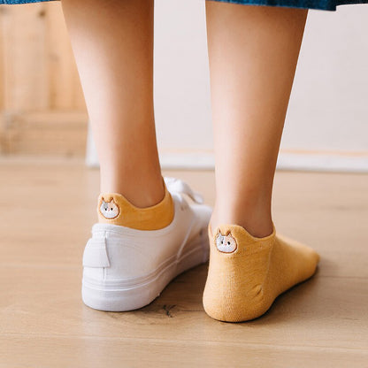 Anewmorn Cute Cat Cotton Boat Socks Woman's Embroidery Heel Ears Cartoon Socks Ins Fashion Kawaii Animal Girl Sokken