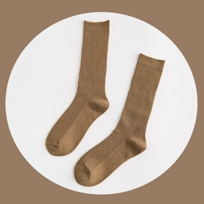 CHAOZHU  Japanese Korean High School Girls High Socks Loose Solid Colors Double Needles Knitting Cotton Long Socks For Women
