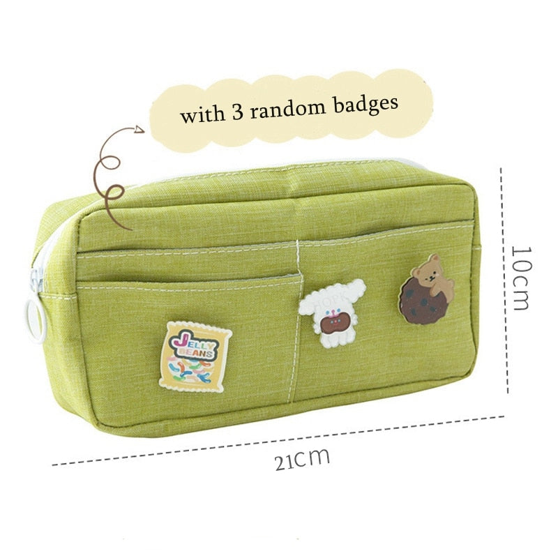 Kawaii Purple Canvas Pencil Case Cute Animal Badge Pink Pencilcases Large School Pencil Bags for Maiden Girl Stationery Supplies