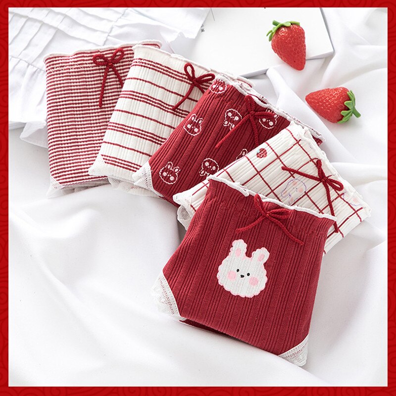 5Pcs/Set Red Cotton Underwear For Women Female Apple Print Panties Breathable Girl Cute Briefs Japanese Shorts Lingerie