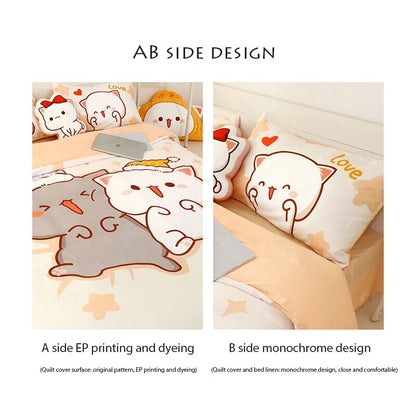 4Pcs Set Kawaii Cat Bed Sheet Cotton Bedding Set Soft Comforter Cover Twin Full Queen Size For Girls Bed Sheets and Pillowcases