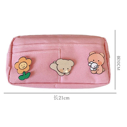 Kawaii Purple Canvas Pencil Case Cute Animal Badge Pink Pencilcases Large School Pencil Bags for Maiden Girl Stationery Supplies