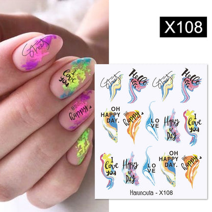 Harunouta Black Lines Flower Leaves Water Decals Stickers Floral Face Marble Pattern Slider For Nails Summer Nail Art Decoration