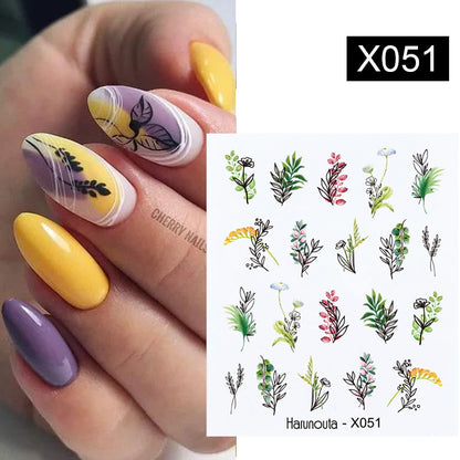 Harunouta Black Lines Flower Leaves Water Decals Stickers Floral Face Marble Pattern Slider For Nails Summer Nail Art Decoration