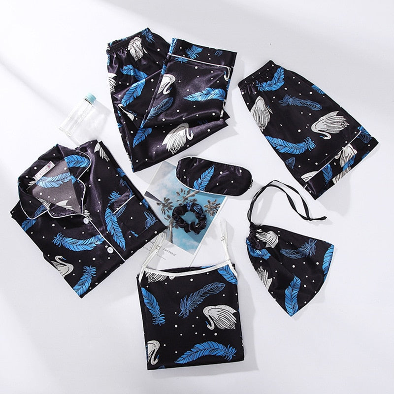 JULY'S SONG Pink 7 Pieces Women's Pajamas Sets Faux Silk Striped Pyjama Women's Pajamas Sleepwear Sets Spring Summer Homewear