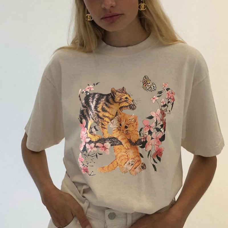 sunfiz Kawaii The Kitten Club Women T Shirt Streetwear White Cotton Short Sleeve Femme Oversized Graphic Tee Cute Grunge Tops