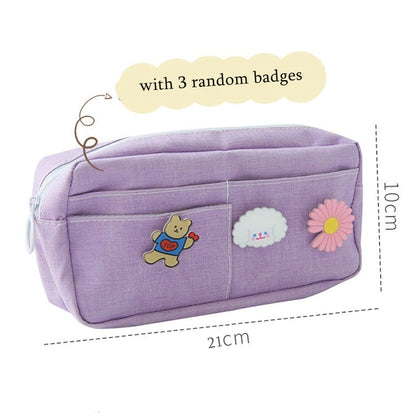 Kawaii Purple Canvas Pencil Case Cute Animal Badge Pink Pencilcases Large School Pencil Bags for Maiden Girl Stationery Supplies