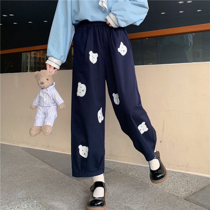 Japanese Kawaii  Soft Girl Cute Bear Printing Women Pants Basis Wild High Waist Loose Trousers Elastic Waist Casual Student Pant