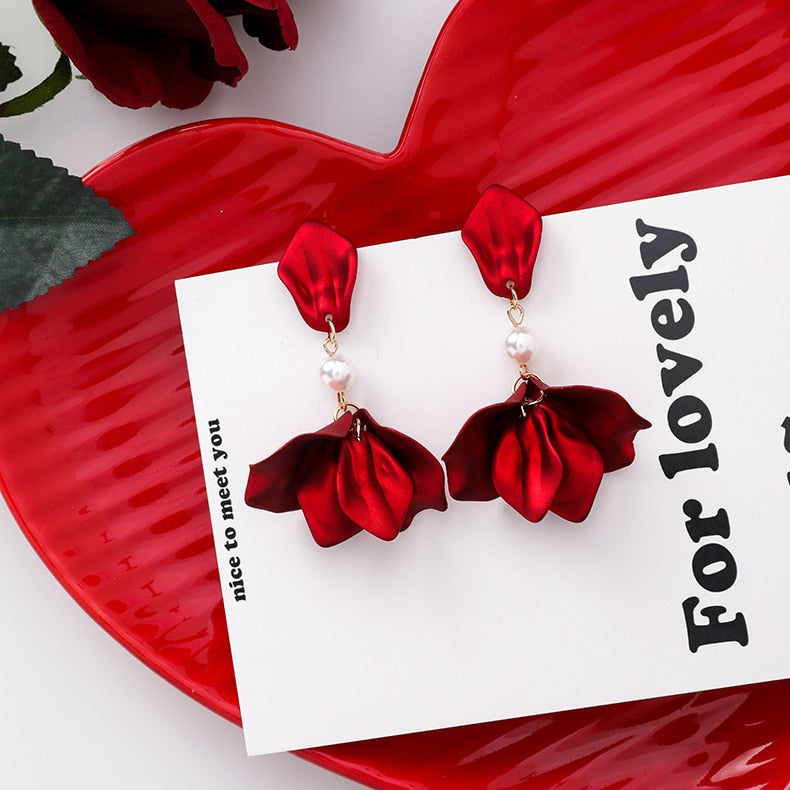 New Arrival Vintage Women Dangle Earrings Rose Petal Long Tassel Earrings Female Korean Jewelry Red Earrings