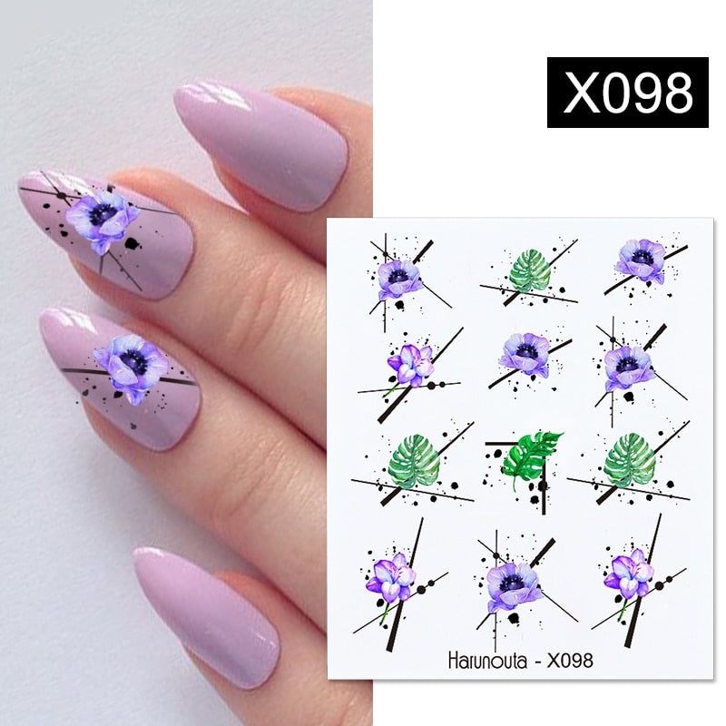 Harunouta Black Lines Flower Leaves Water Decals Stickers Floral Face Marble Pattern Slider For Nails Summer Nail Art Decoration