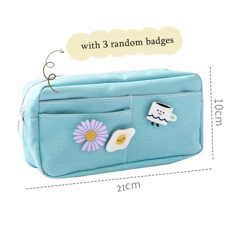 Kawaii Purple Canvas Pencil Case Cute Animal Badge Pink Pencilcases Large School Pencil Bags for Maiden Girl Stationery Supplies