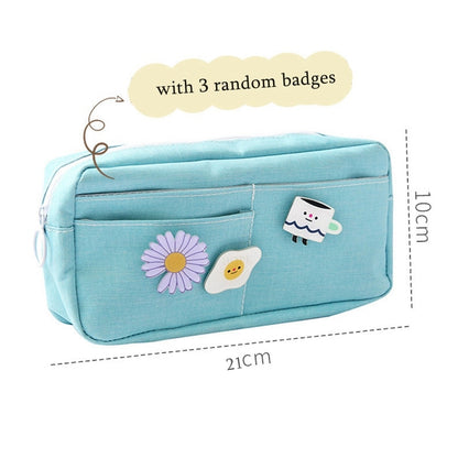 Kawaii Purple Canvas Pencil Case Cute Animal Badge Pink Pencilcases Large School Pencil Bags for Maiden Girl Stationery Supplies