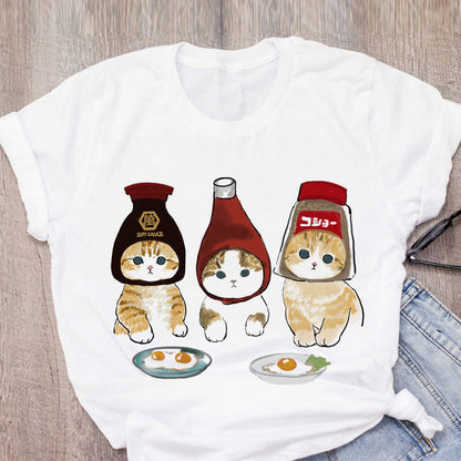 Women T-shirt Cute Cat Funny Cartoon T-shirt Harajuku Graphic Ulzzang T-shirt 90s Print T-shirt Fashion Aesthetic Top Tee Female