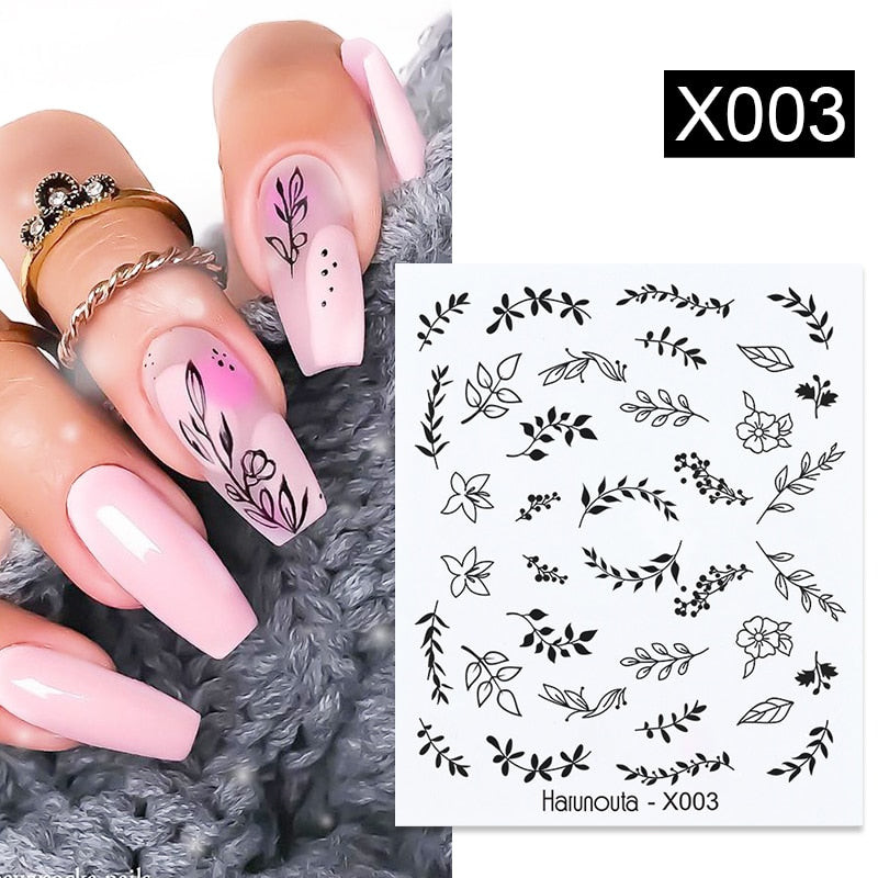 Harunouta Black Lines Flower Leaves Water Decals Stickers Floral Face Marble Pattern Slider For Nails Summer Nail Art Decoration