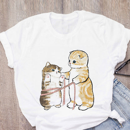 Women T-shirt Cute Cat Funny Cartoon T-shirt Harajuku Graphic Ulzzang T-shirt 90s Print T-shirt Fashion Aesthetic Top Tee Female