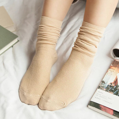 CHAOZHU  Japanese Korean High School Girls High Socks Loose Solid Colors Double Needles Knitting Cotton Long Socks For Women